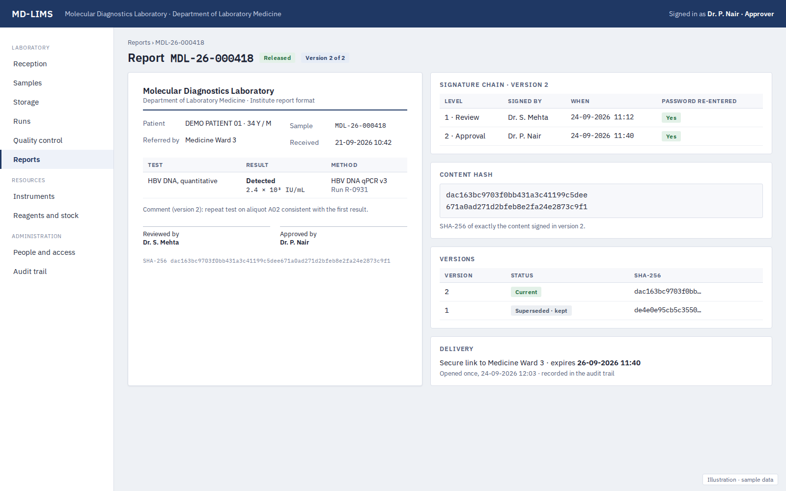 Illustration with sample data, not a capture of the software. MD-LIMS released report showing its chain of signatures and the SHA-256 hash of the signed content.